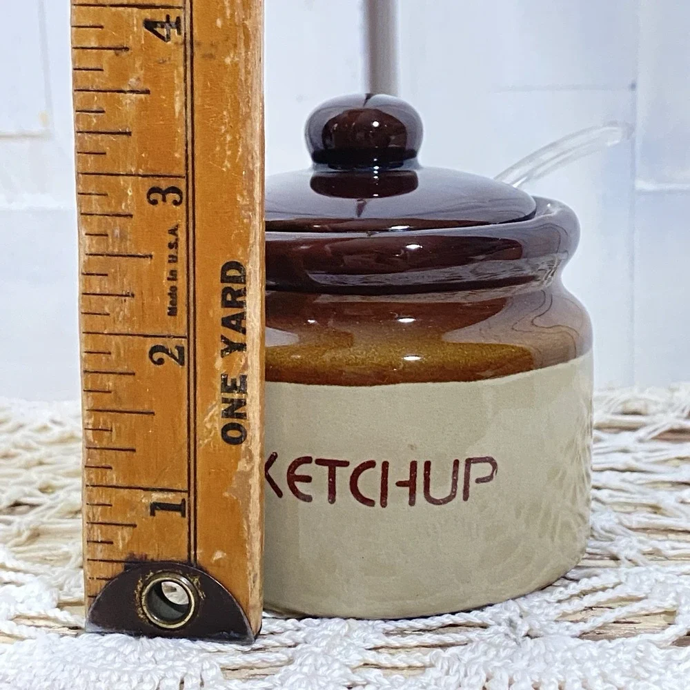 Vintage Stoneware Condiment Set w/4 Covered Labeled Jars & Spoons on Lazy Susan